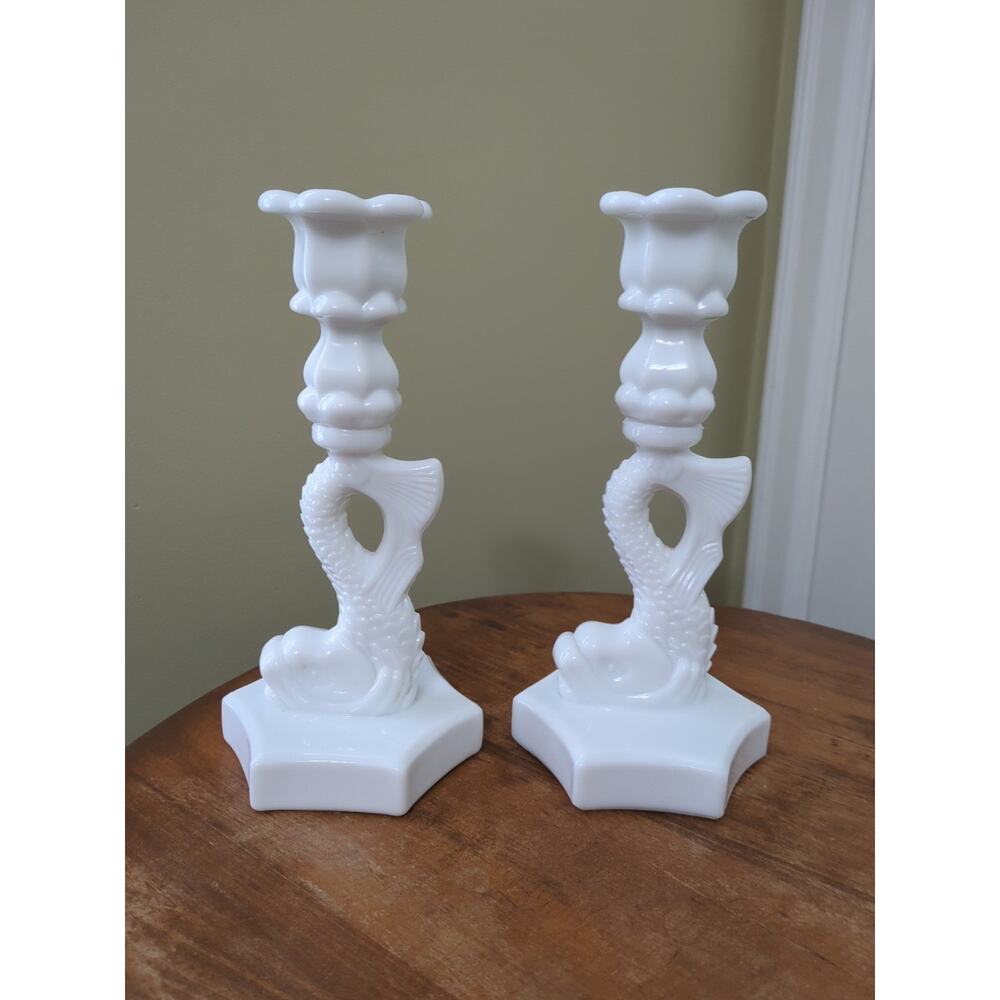 Westmoreland Koi Dolphin White Milk Glass Candlesticks
